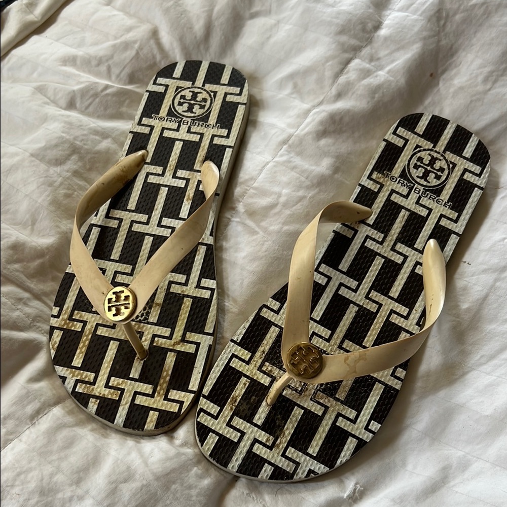Tory Burch Black and Tan Patterned Sandals